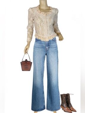 VINTAGE 1980'S CREAM CROPPED LACE RUFFLE PEARL BUTTON DOWN BLOUSE (S)